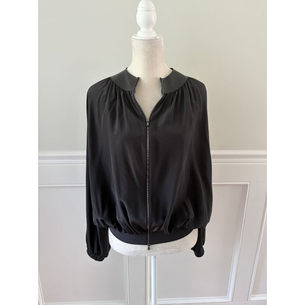 Sonia Speciale Black Silk Bomber Jacket with Lamb Leather Trim 40 S 4